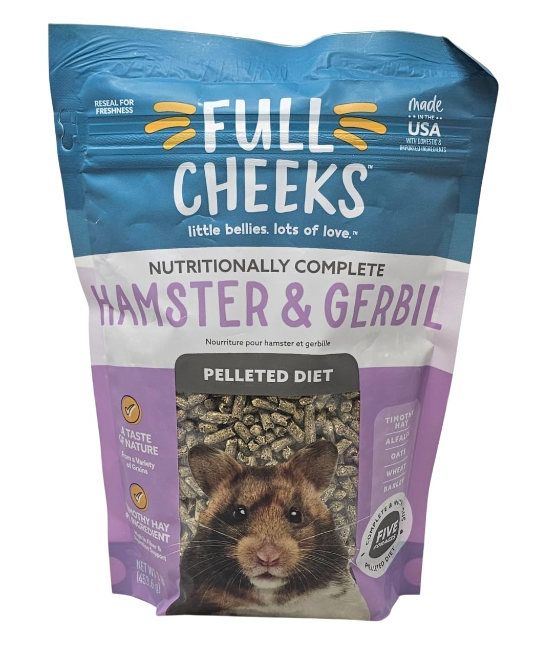 Full Cheeks: sac refermable de nourriture pelletée pour hamster et gerbille, pratique et fraîche.