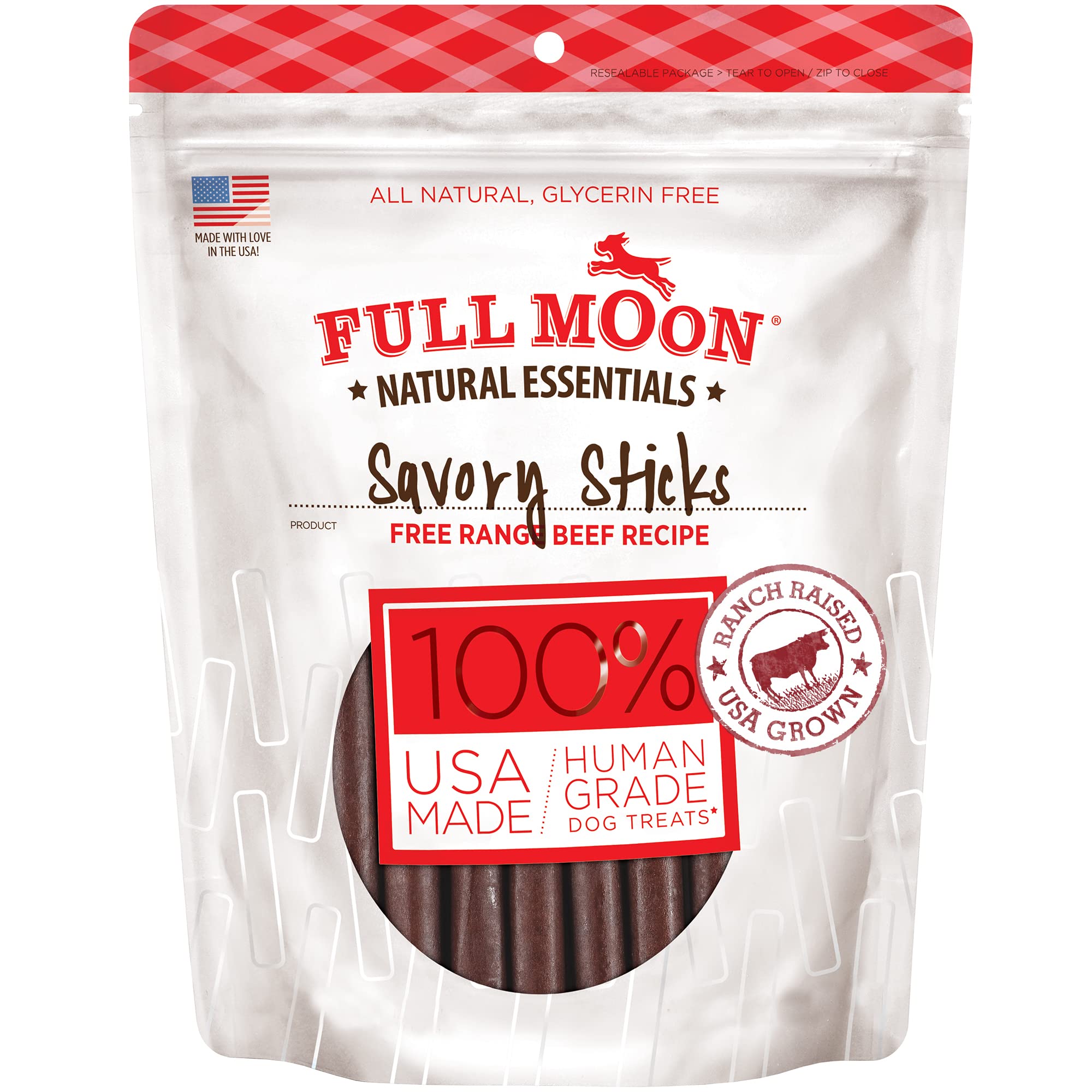 Full Moon bâtonnets boeuf savoureux prêt à l'emballage, pour chien.