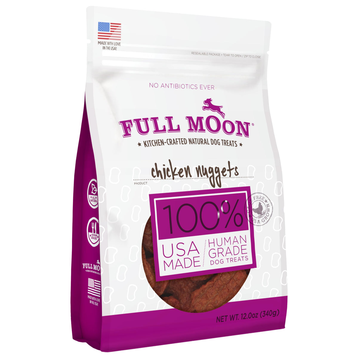 Full Moon bouchées poulet – emballage attrayant, récompense naturelle pour chien.