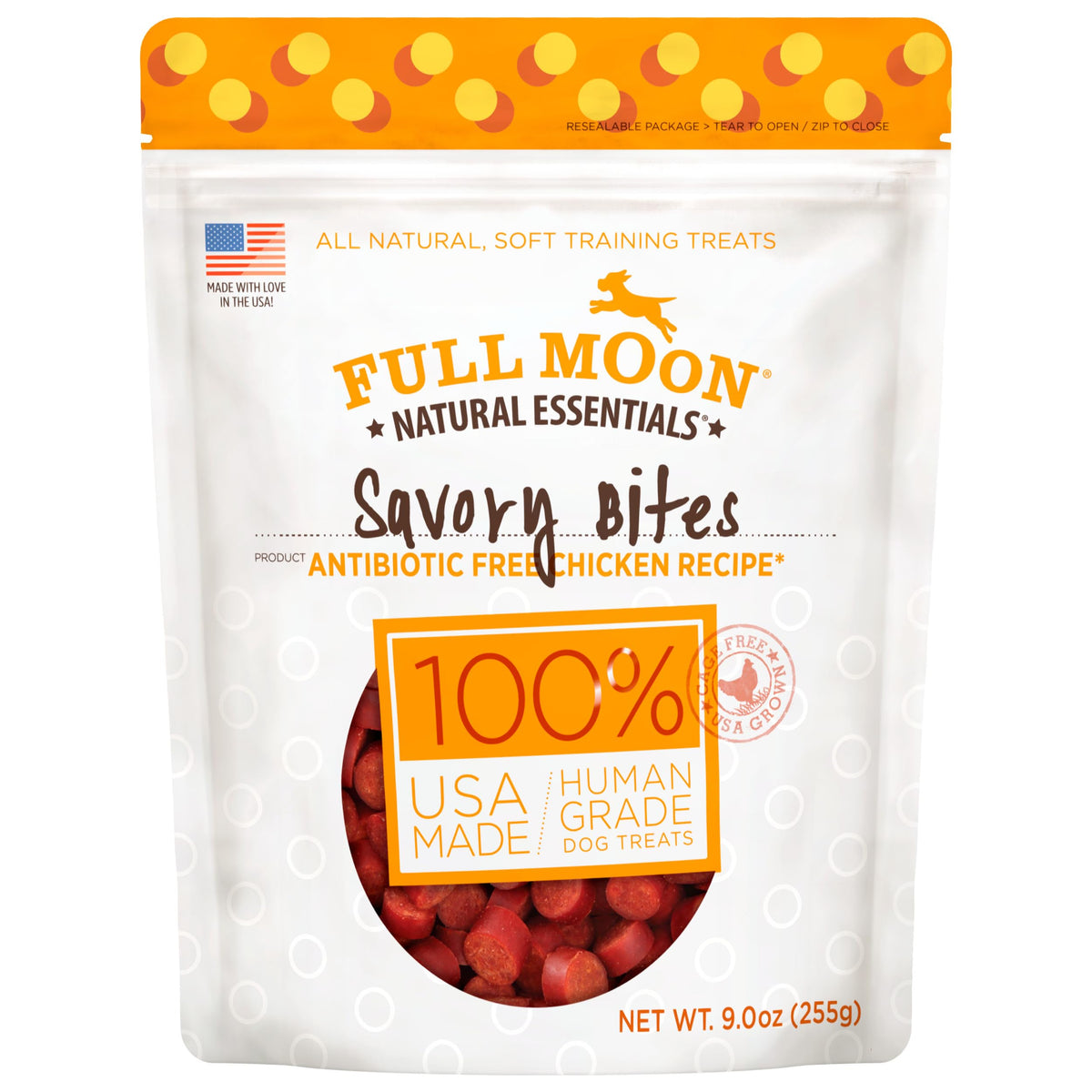 Full Moon bouchées poulet savoureux – sachet prêt à récompenser naturellement après une promenade.