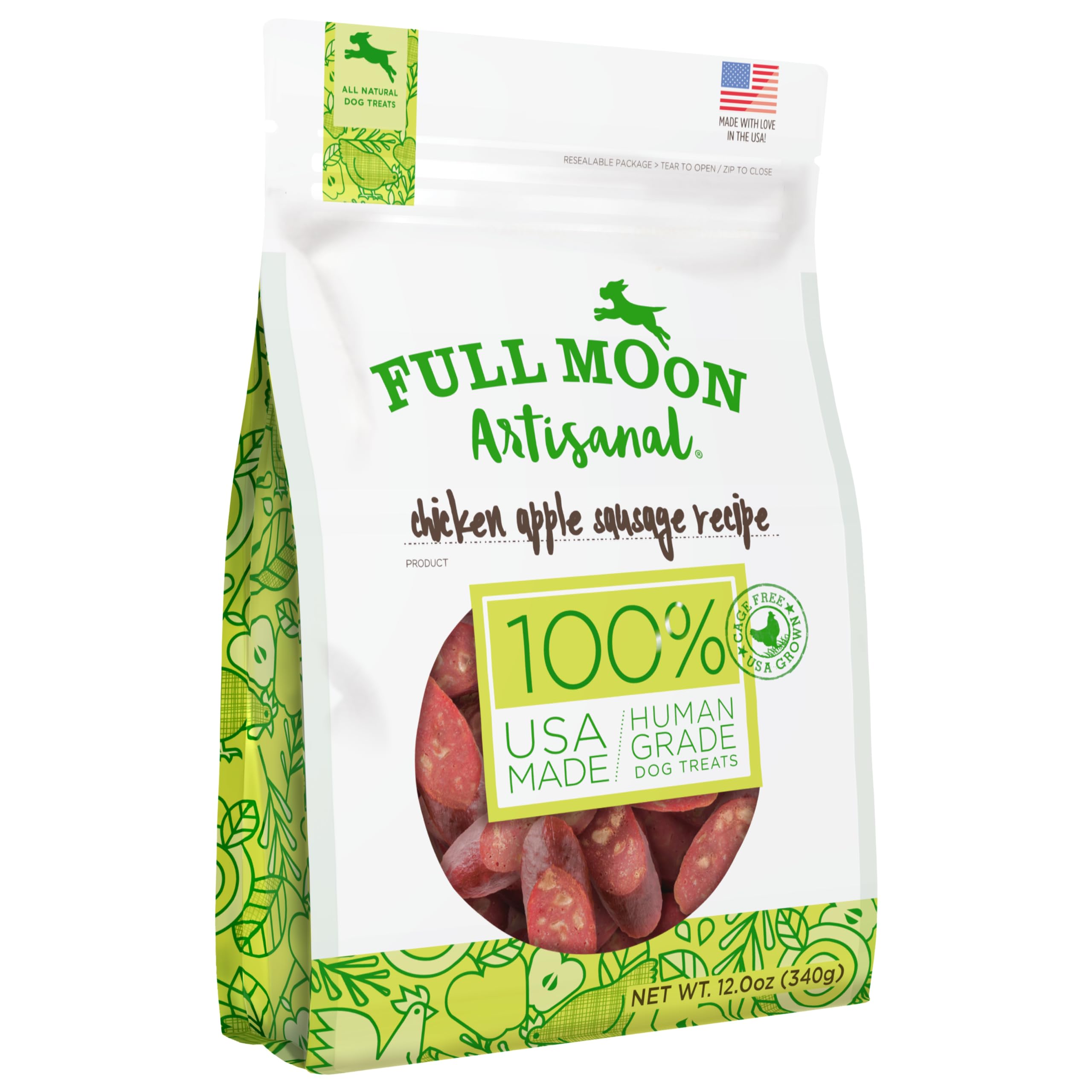 Full Moon Saucisse Poulet-Pomme — emballage pratique et friandise naturelle.