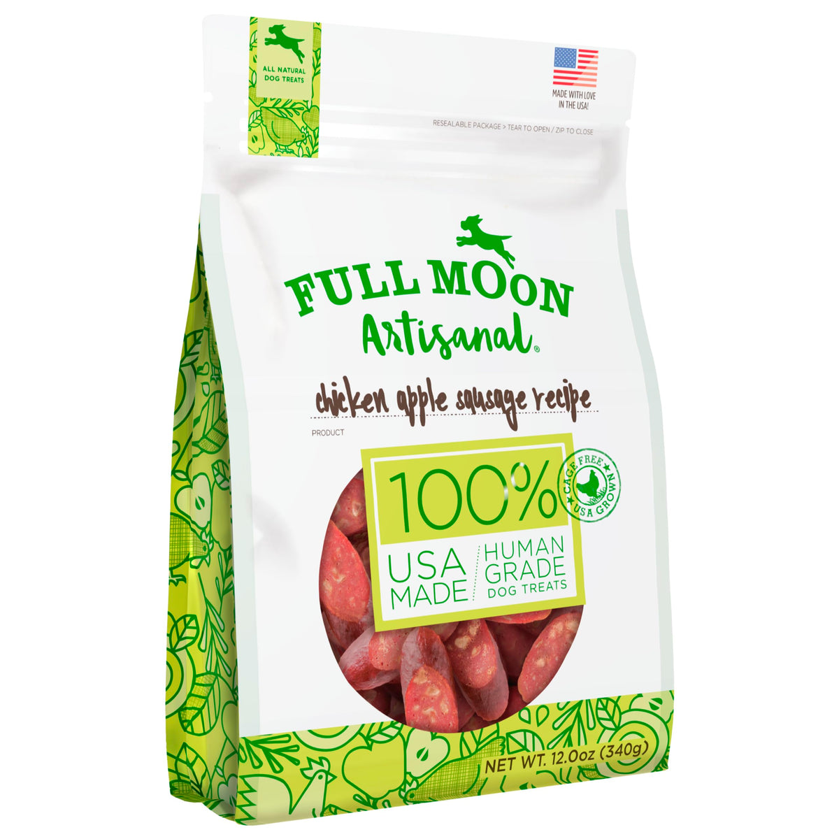 Full Moon Saucisse Poulet-Pomme — emballage pratique et friandise naturelle.