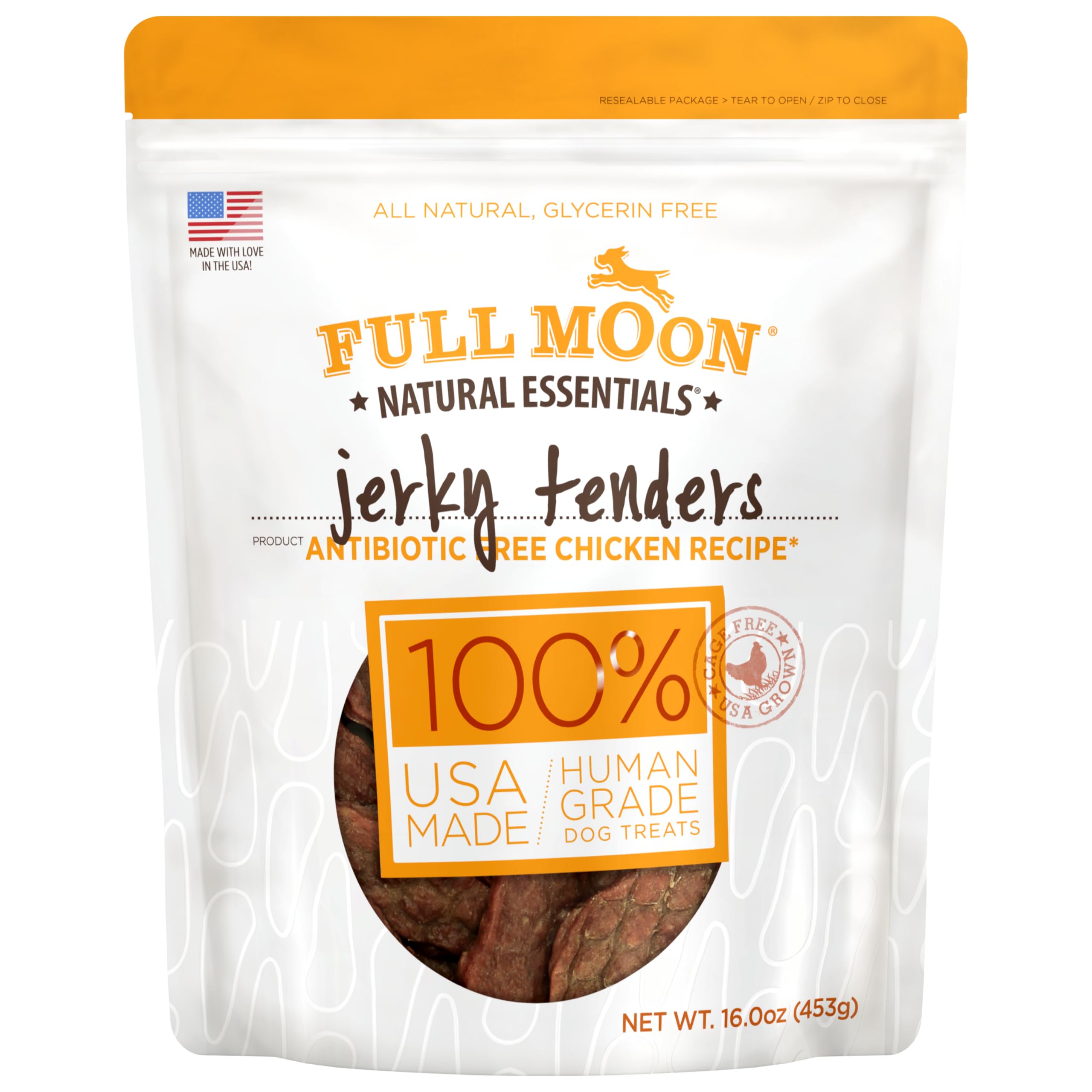 Full Moon Essential Chicken Tenders : sachet ouvert, bouchées savoureuses pour chiens.