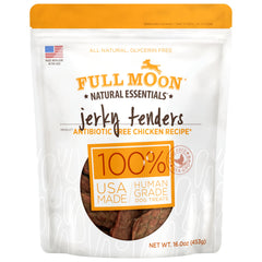 Full Moon Essential Chicken Tenders : sachet ouvert, bouchées savoureuses pour chiens.