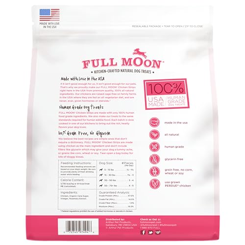 Lanières de poulet Full Moon naturelles, produites aux États‑Unis.