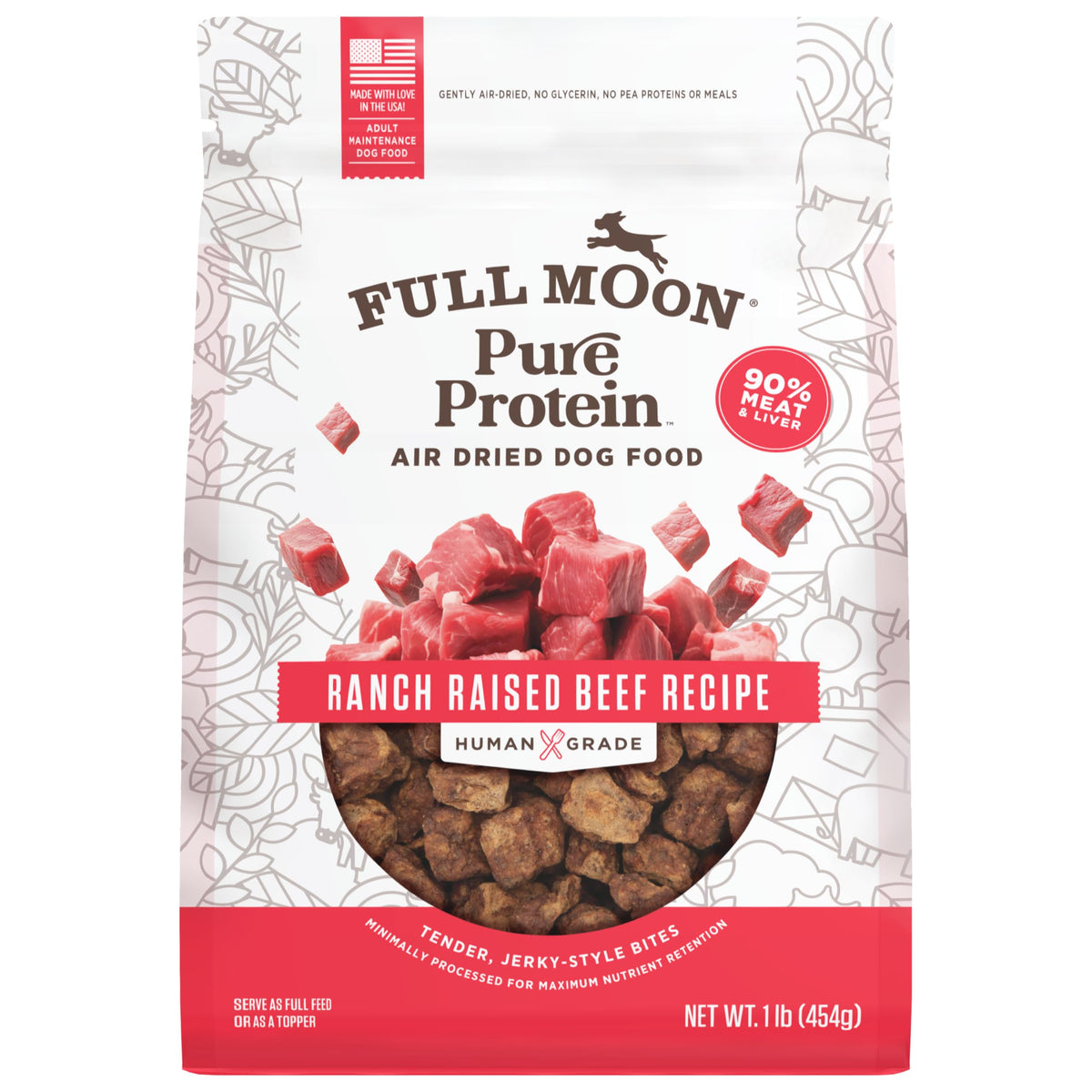 Full Moon Pure Protein, sachet 1 lb, nourriture chien boeuf élevé en ranch.