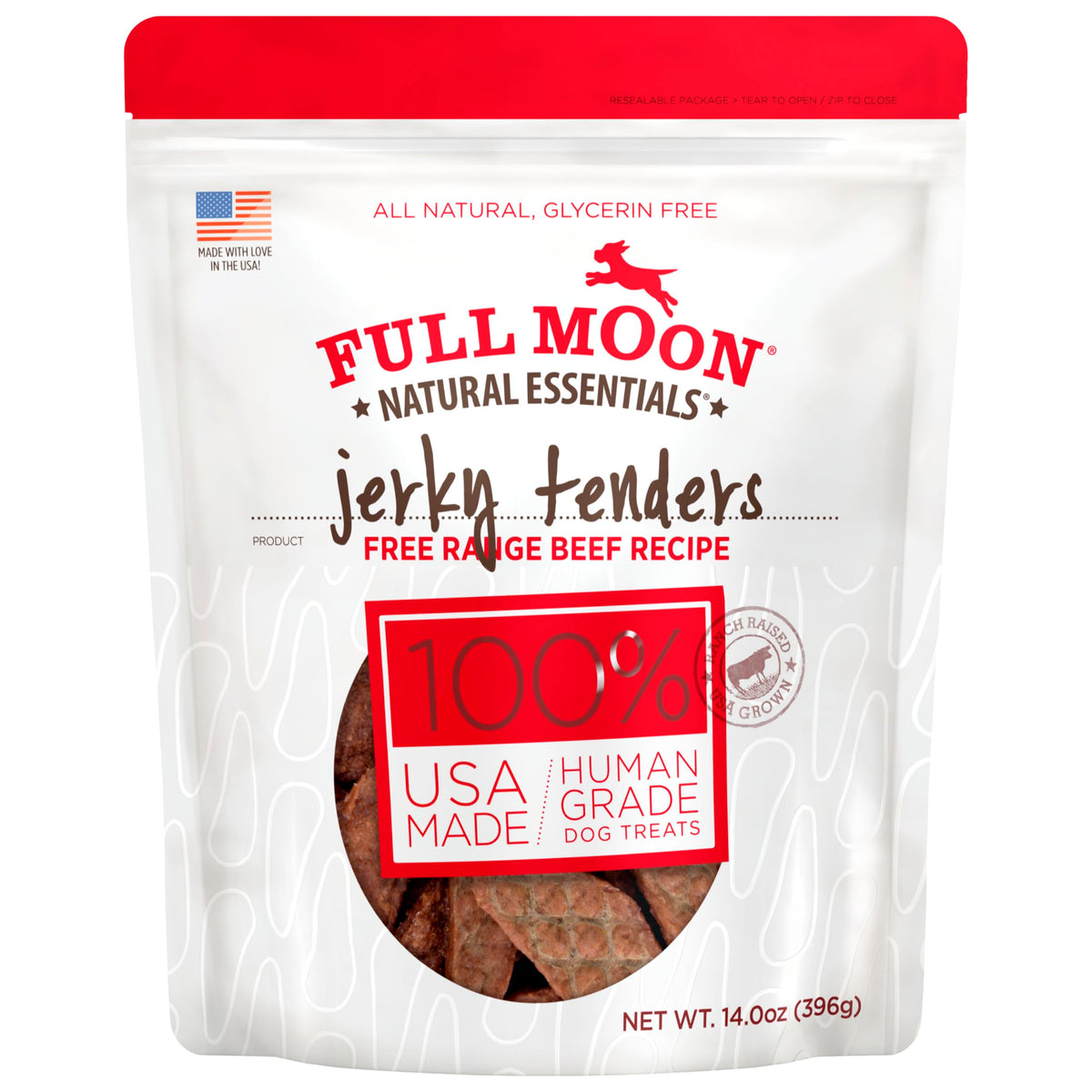 Full Moon Tendres de Bœuf Essentiel – emballage pratique, friandise saine pour chiens.