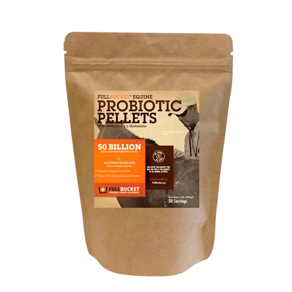 FullBucket emballage : granulés probiotiques équins pour un soutien digestif potentiel.