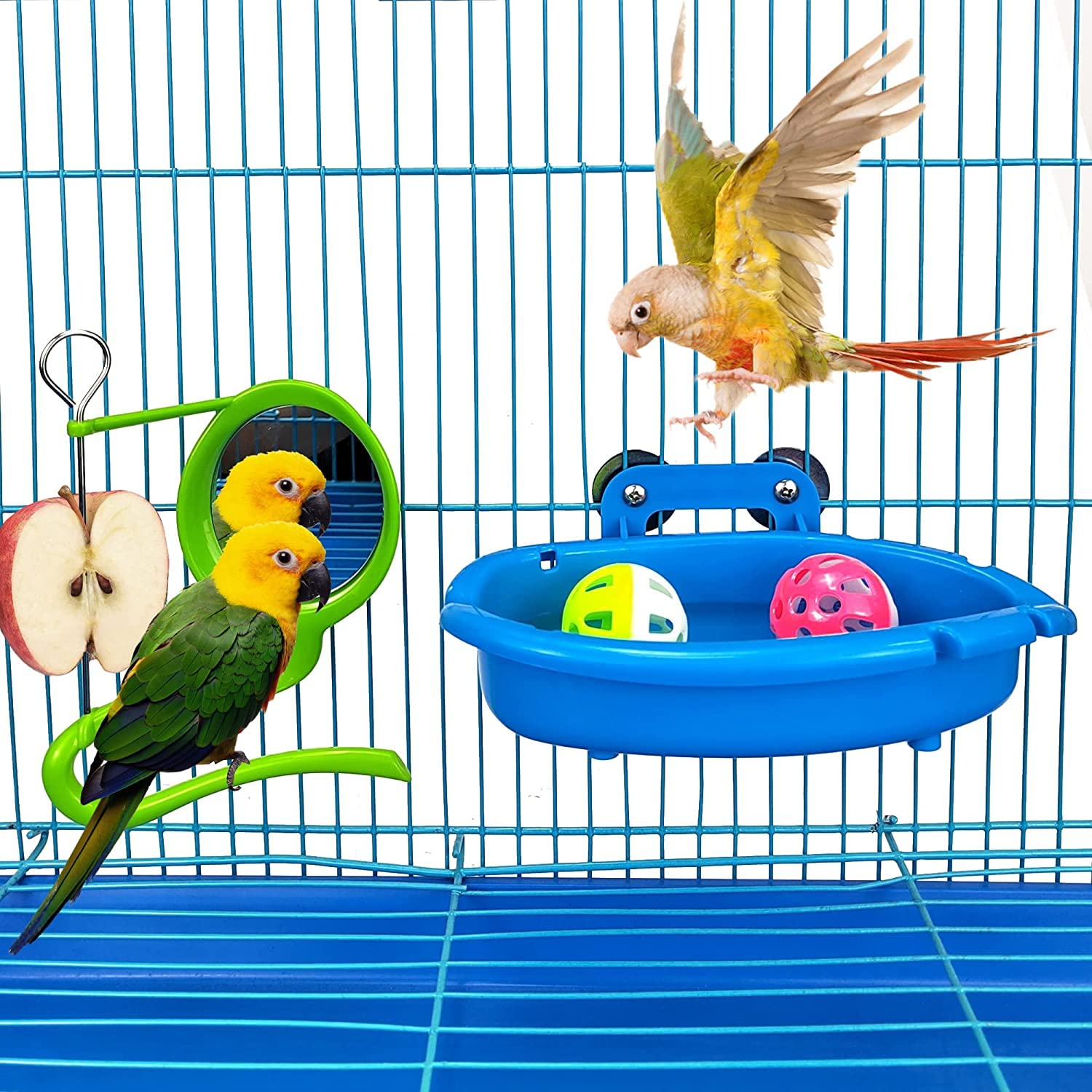 Bain FunMove suspendu sur la cage pour un bain sans débordement.