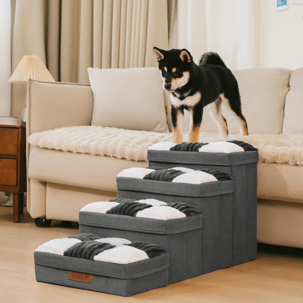 Funny Fuzzy échelle-chien carreaux damier gris, design tendance et chaleureux.