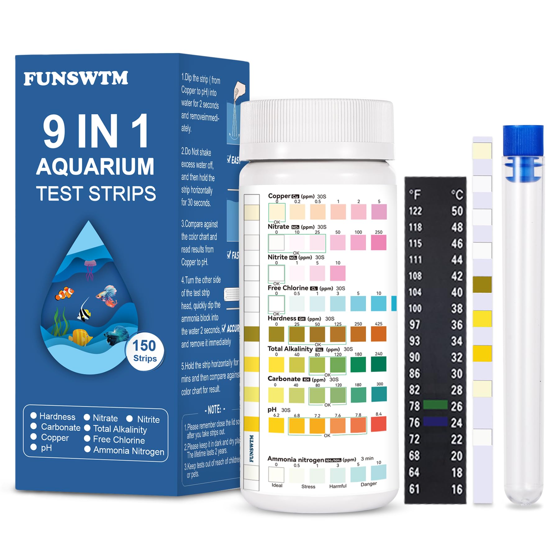 FUNSWTM test-strips 9 en 1: emballage prêt à l’emploi pour eau
