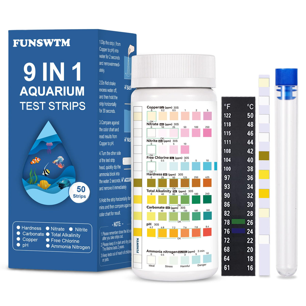 FUNSWTM: bande-test-aquarium 9-en-1; aperçu rapide des paramètres essentiels pour l'eau saine.