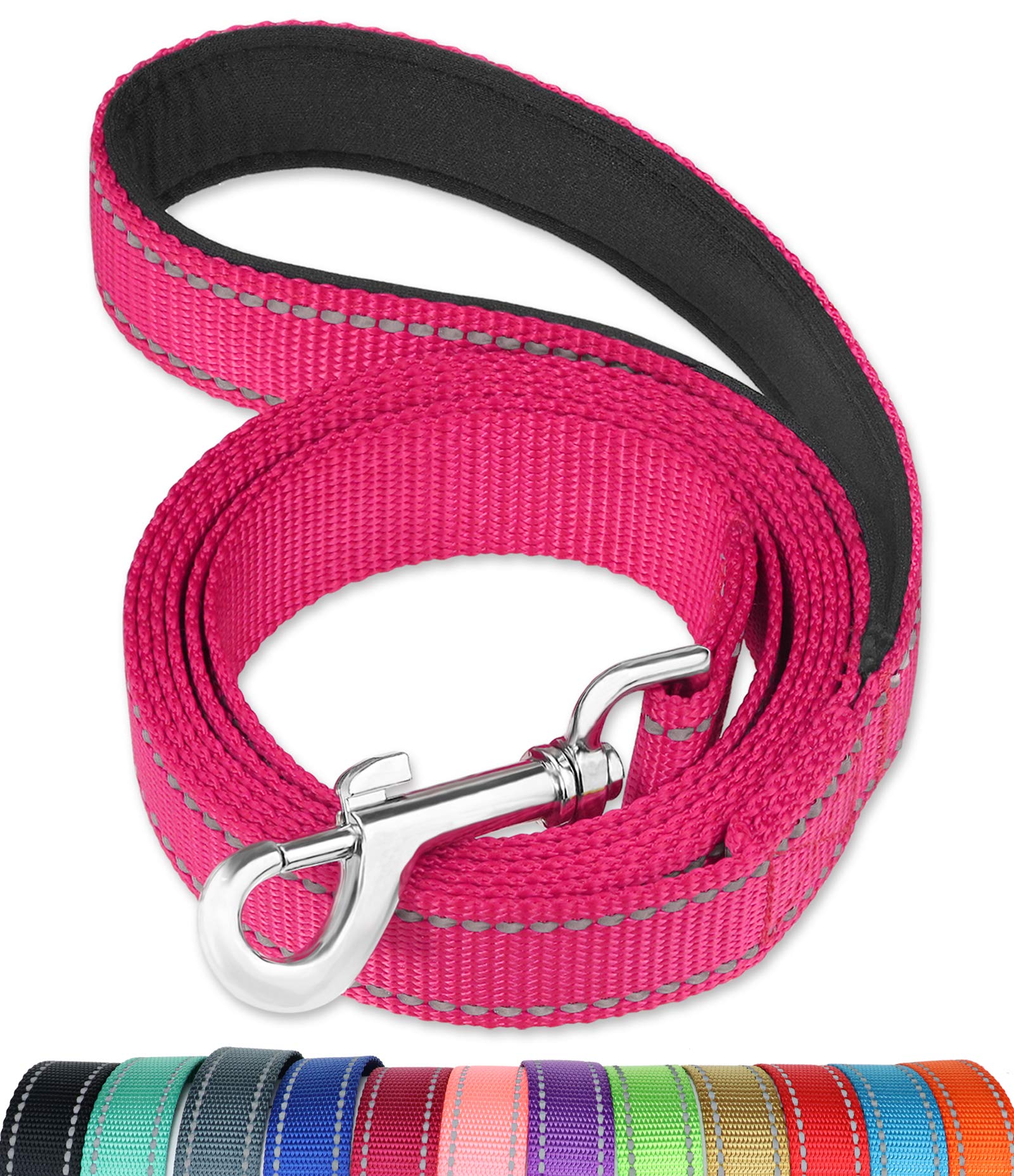 FunTags longe chien réfléchissante 6 pieds rose fluo pour promenades nocturnes sécurisées.
