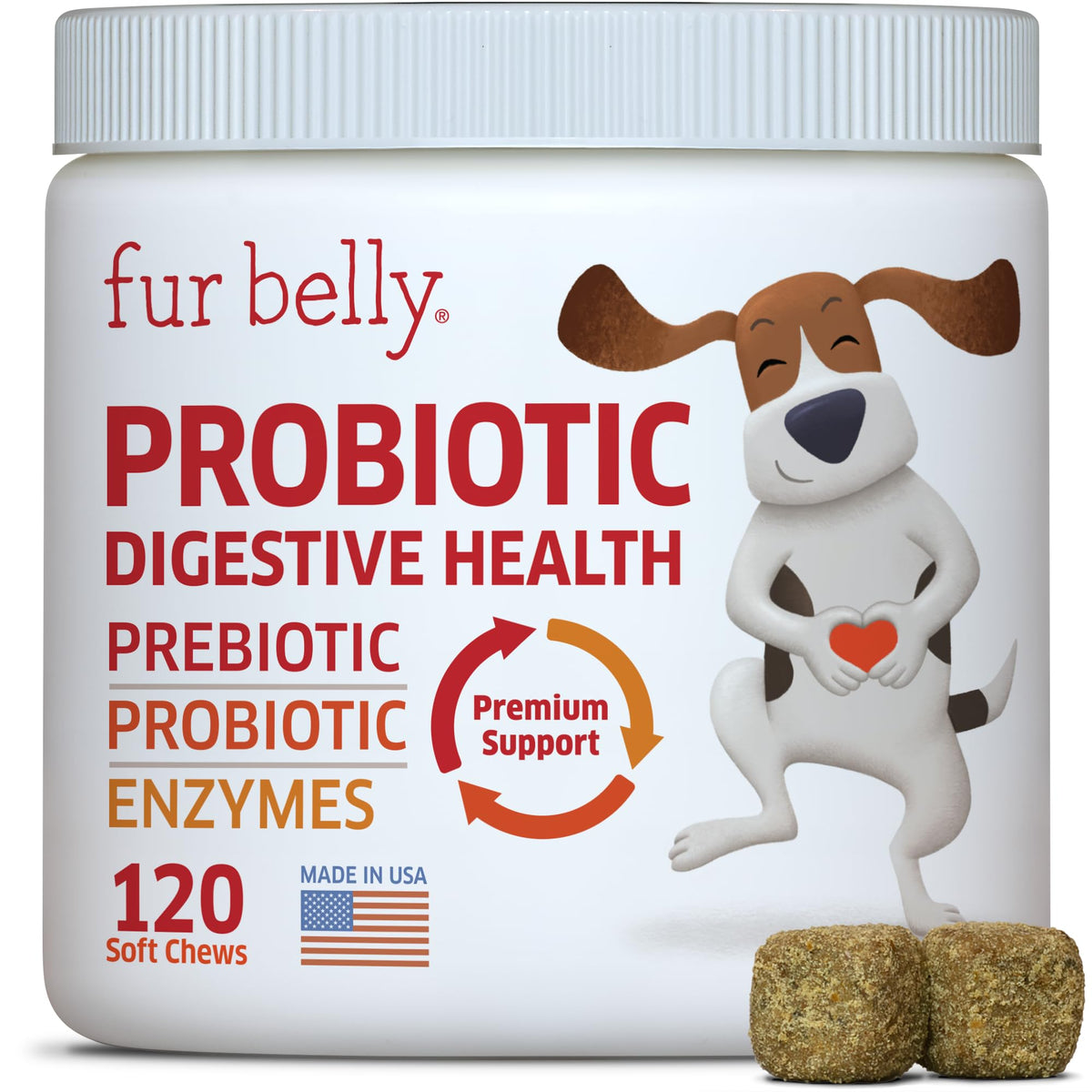 fur Belly Probiotiques pour chiens, emballage et soutien digestif naturel possible.