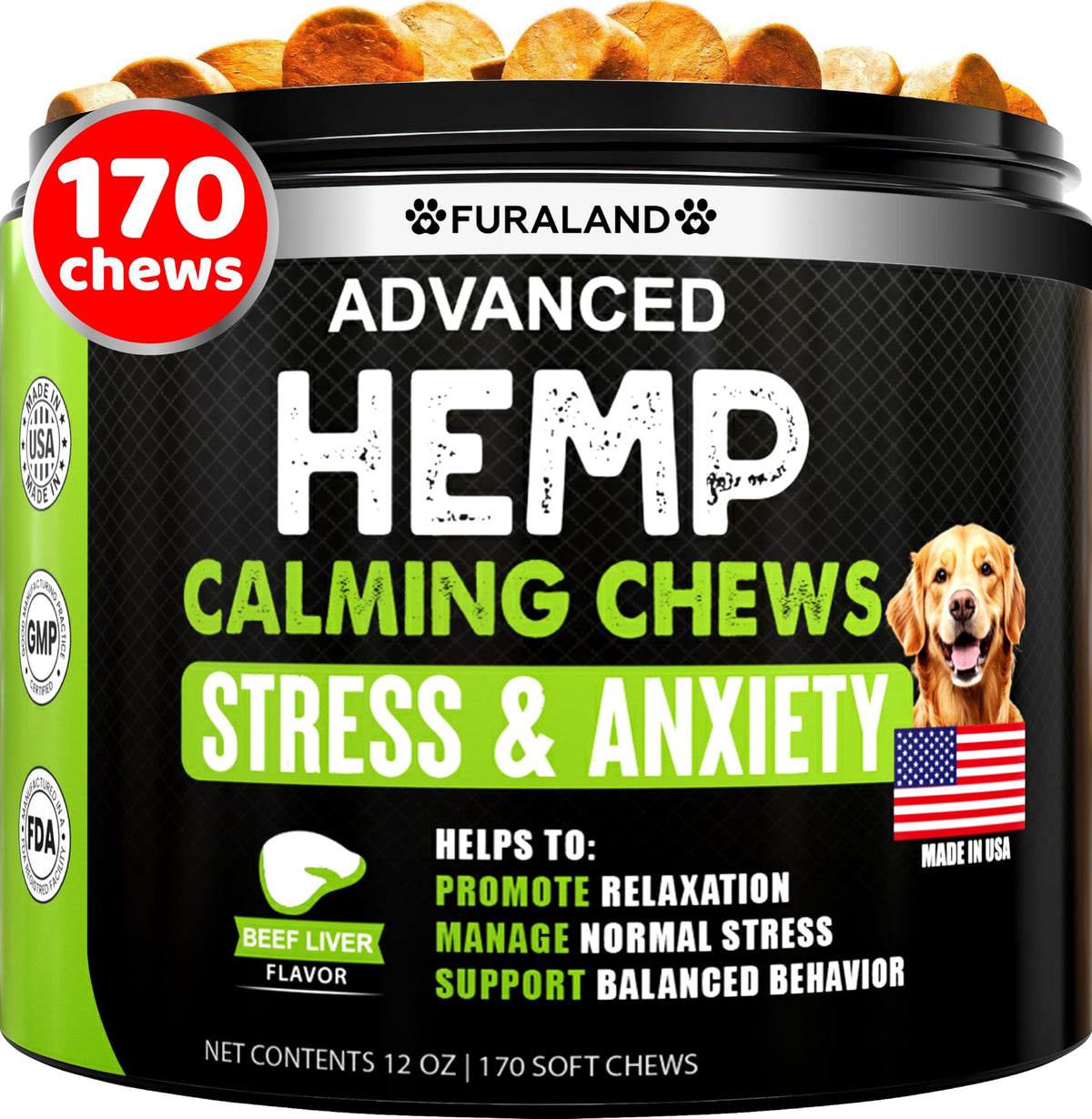 FURALAND emballage des bouchées calmantes au chanvre pour chiens, soutien apaisant lors de situations stressantes.