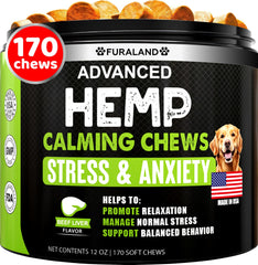 FURALAND emballage des bouchées calmantes au chanvre pour chiens, soutien apaisant lors de situations stressantes.