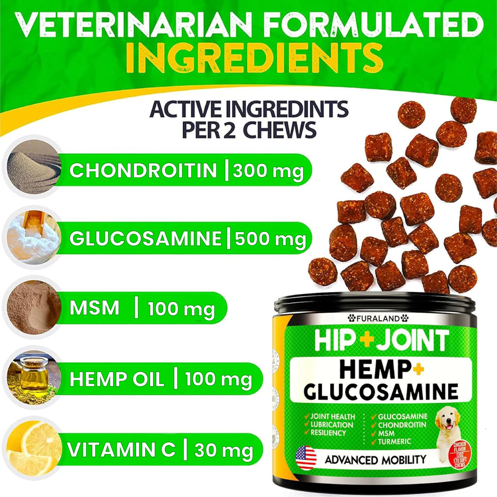 Ingrédients clés FURALAND: glucosamine, chondroïtine, MSM, huile de chanvre et curcuma.