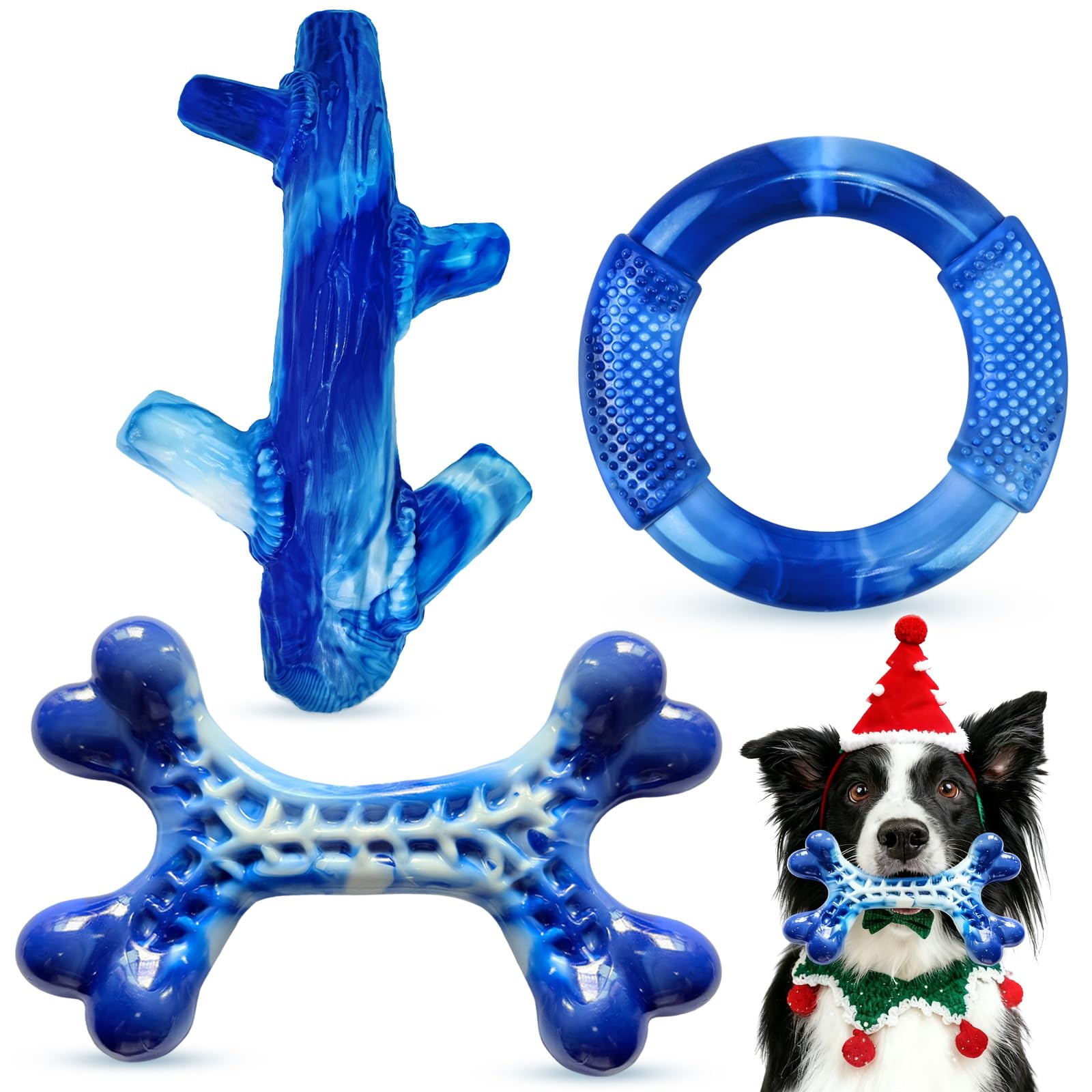 Jouet Furdog ensemble-3-jouets-indestructibles bleu, divertissement durable