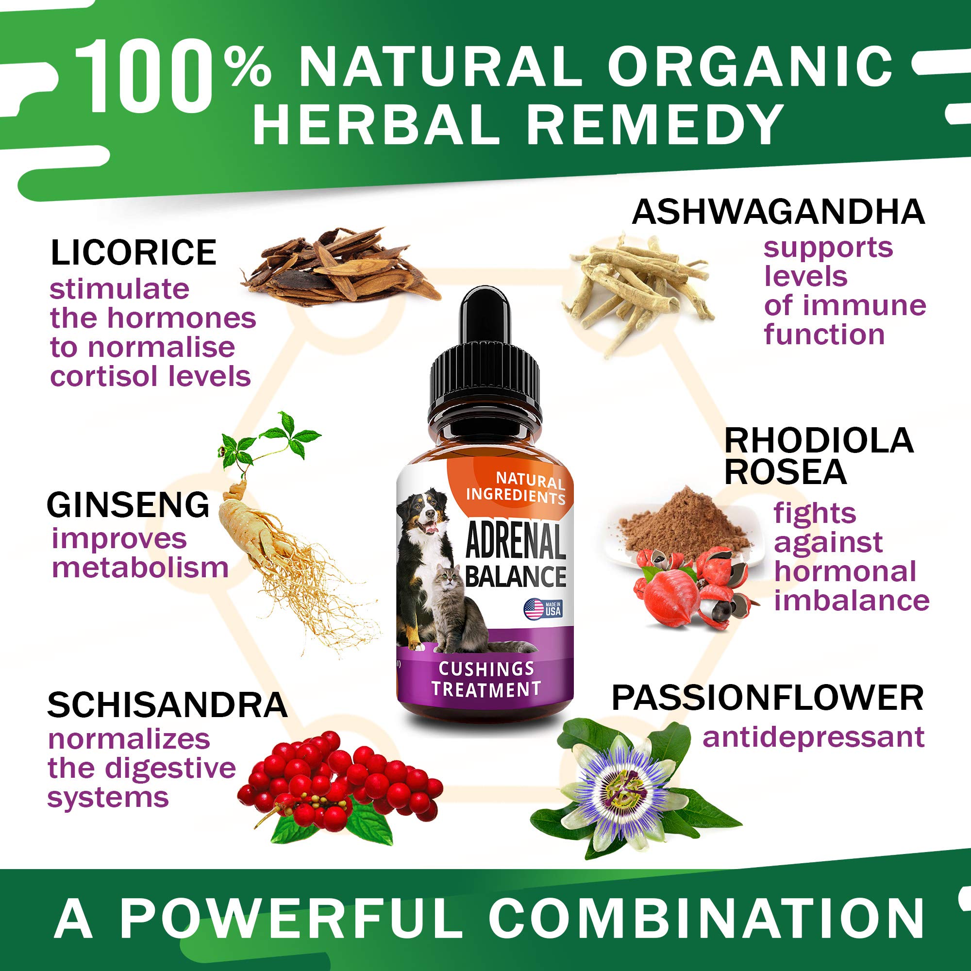 FurFinds Adrenal Balance – ingrédients herbes comme ashwagandha et rhodiole.