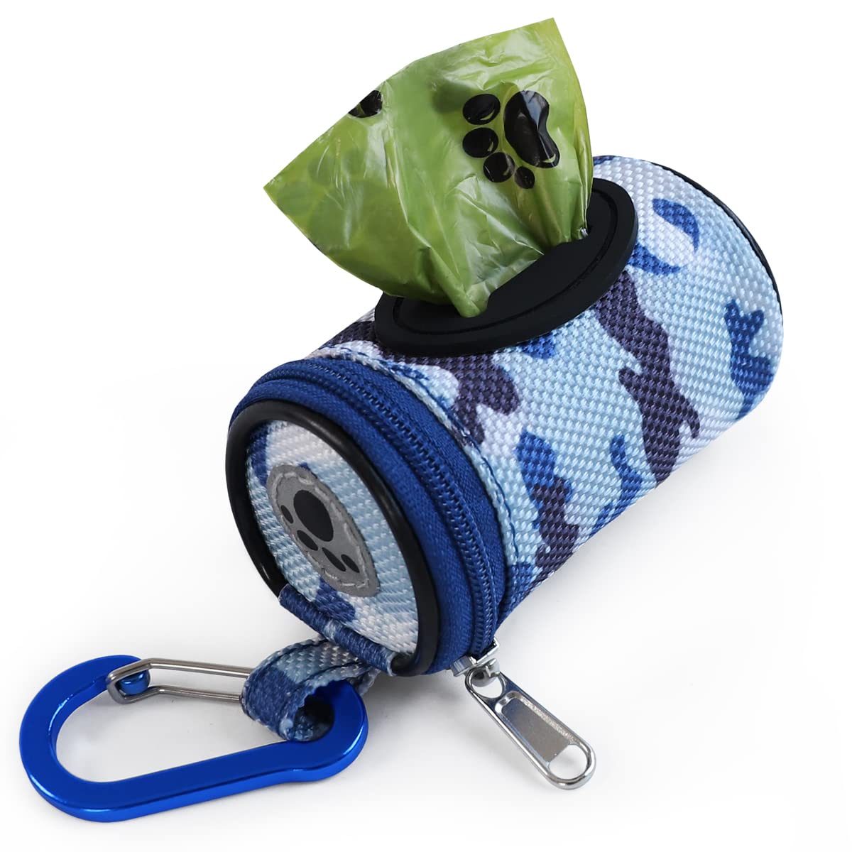 FURHAB porte-sacs pour chien bleu camouflage en action, pratique et propre lors des balades.