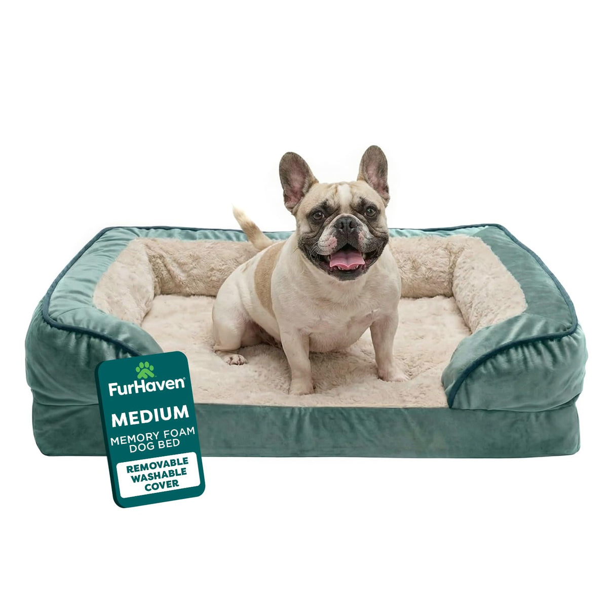 Furhaven canapé chien mémoire-mousse vert céladon pour un confort optimal.