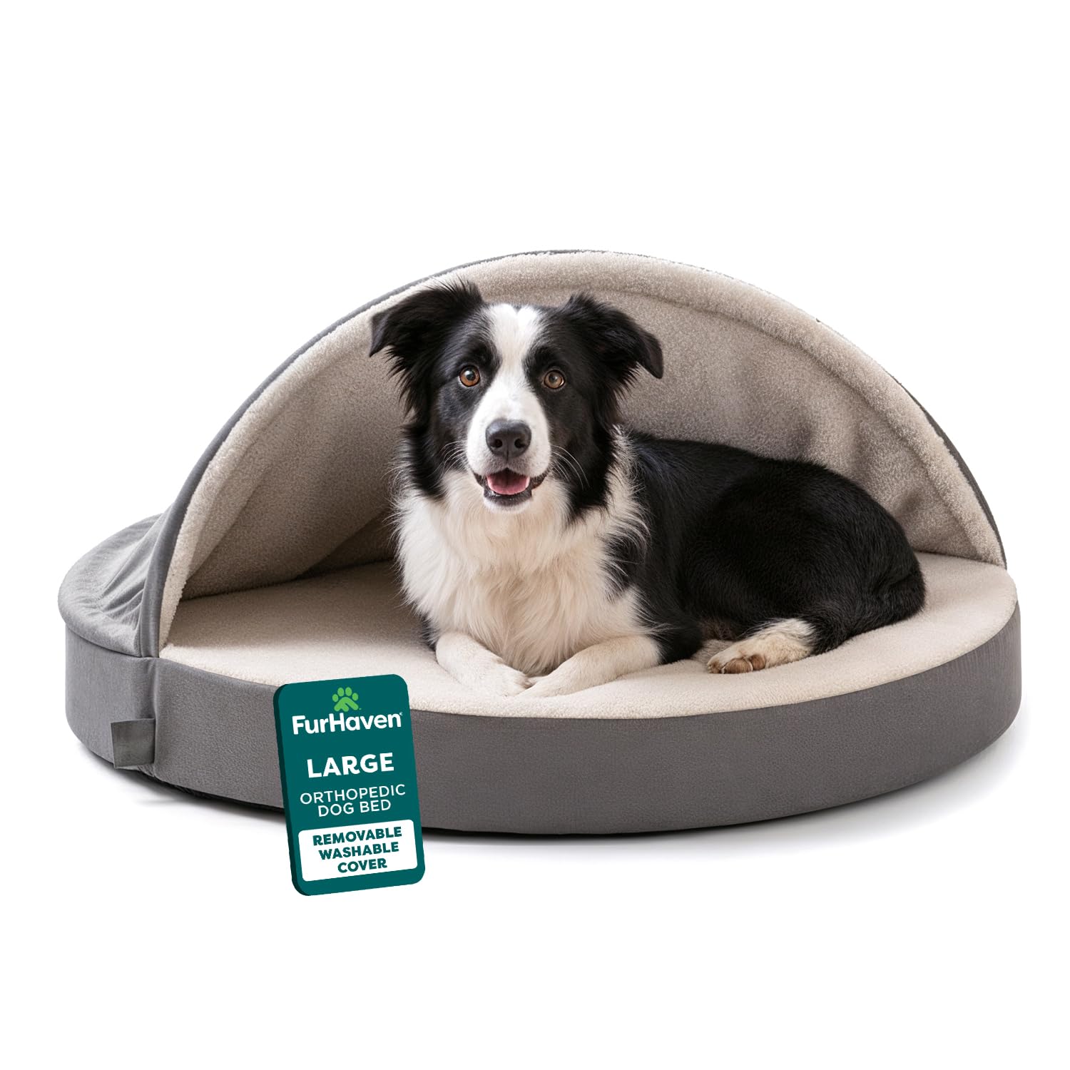 Lit orthopédique FurHaven: coussin rond pour chien grand offrant soutien ciblé.