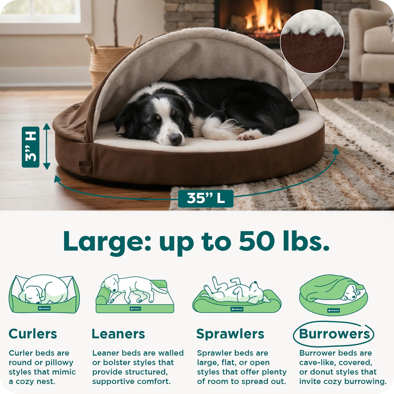 Furhaven intérieur sherpa doux pour une sensation chaude et réconfortante.