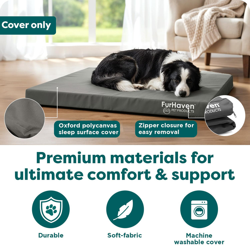 Housse FurHaven adaptée au matelas style grand, reste parfaitement en place.