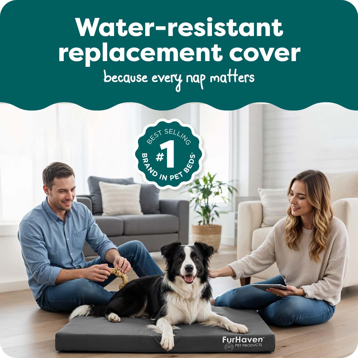 Housse FurHaven imperméable pour lit chien, utilisable intérieur et extérieur.