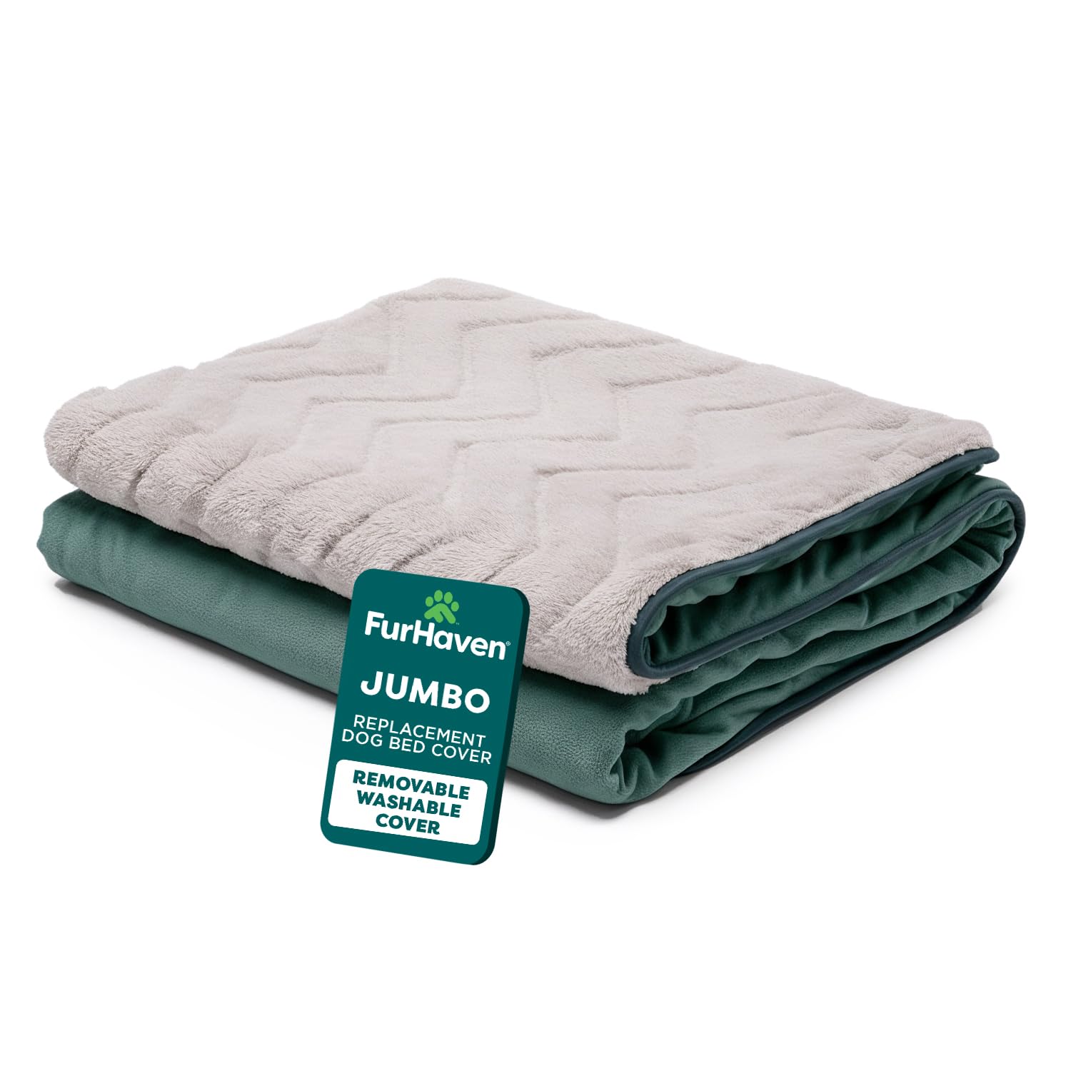 Housse FurHaven plush haute pile Celadon pour lit chien, douceur accrue.