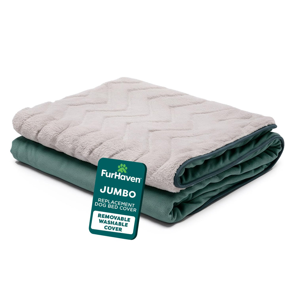 Housse FurHaven plush haute pile Celadon pour lit chien, douceur accrue.