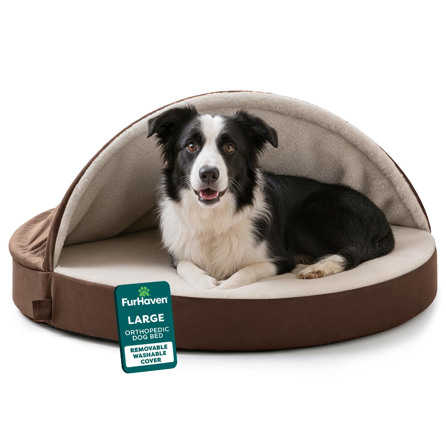 FurHaven lit rond orthopédique pour chien, capuche cocon et soutien.