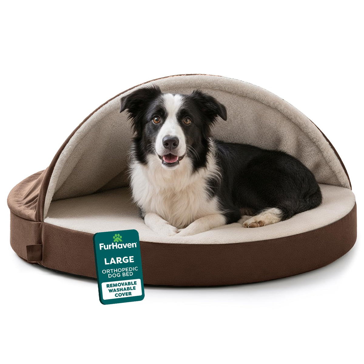 FurHaven lit rond orthopédique pour chien, capuche cocon et soutien.