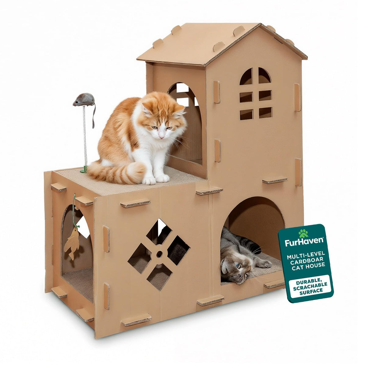 FurHaven Maison pour chat en carton à étages, lounge confortable et jeu.