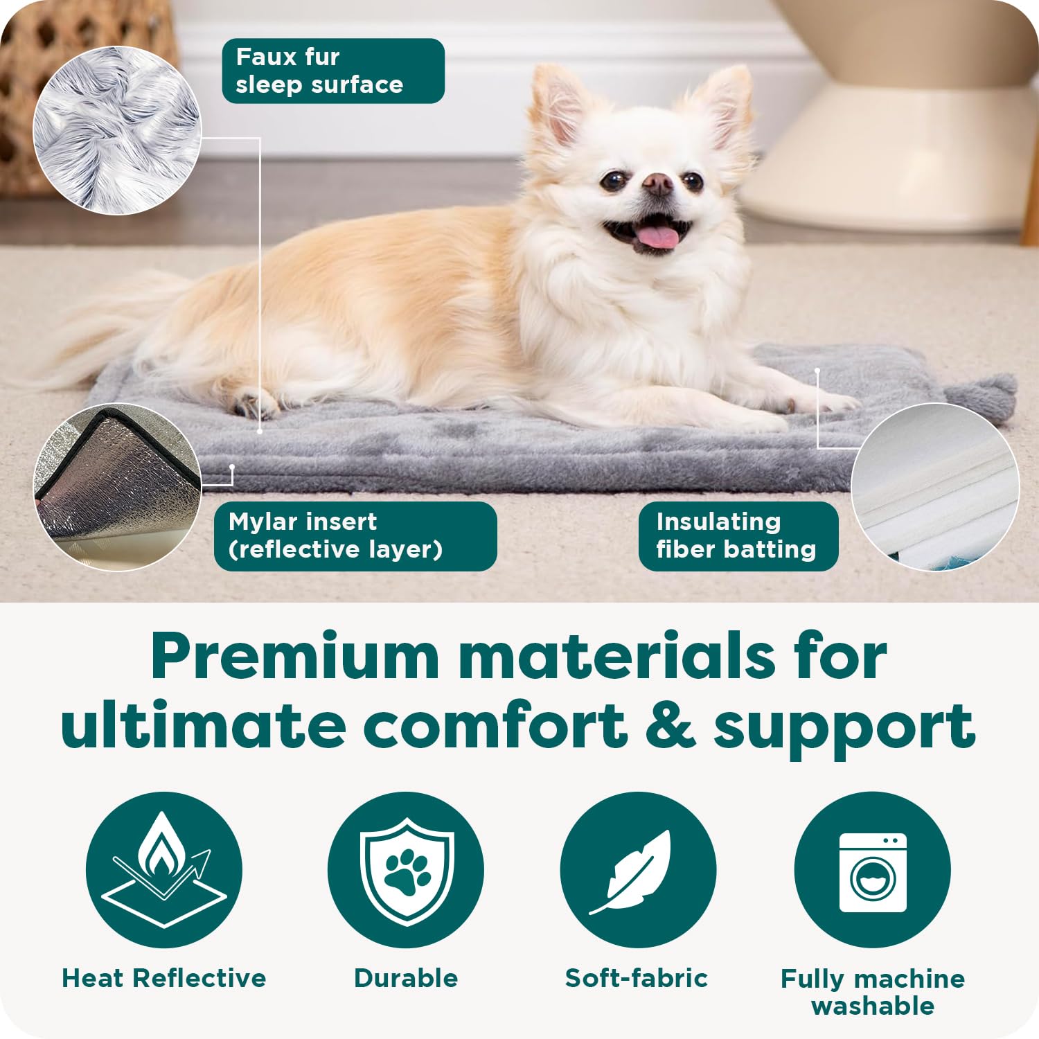 Tapis FurHaven ThermaNAP dans caisse, idéal pour chats et petits chiens.