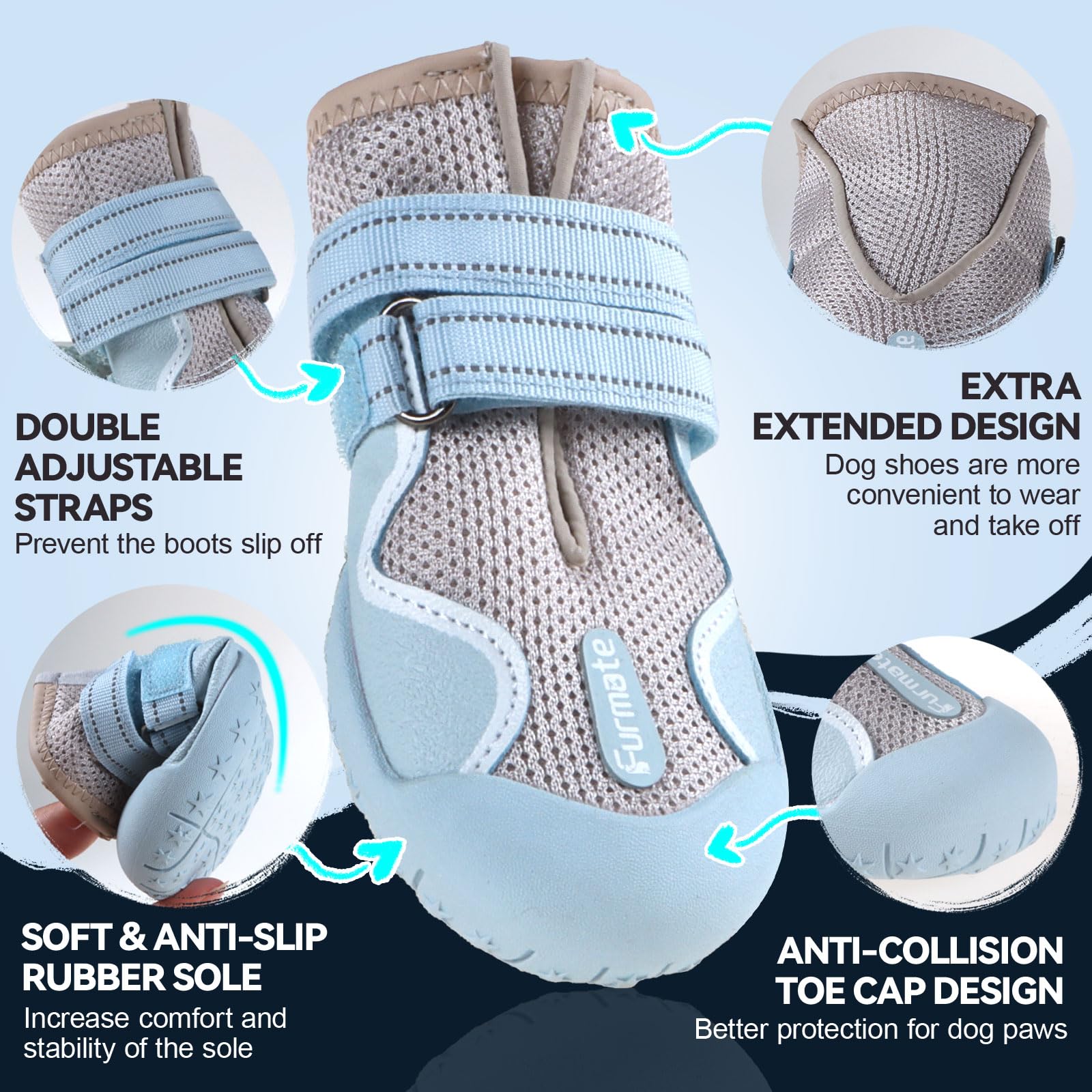 Bottes Furmate avec sangles velcro et bandes réfléchissantes pour sécurité nocturne.