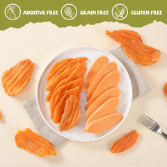 Friandise Furmate, tranches patate douce sèches pour grand chien, faible en calories et riche en fibres.