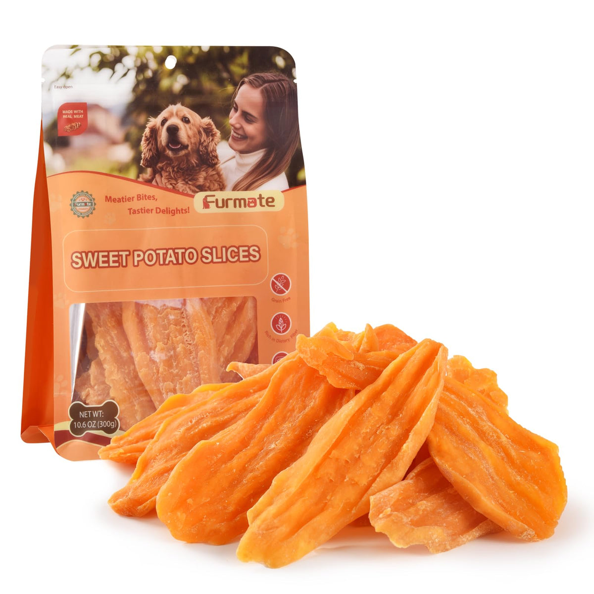 Friandise Furmate, tranches patate douce sèches pour petit chien, snack sain et faible en calories.