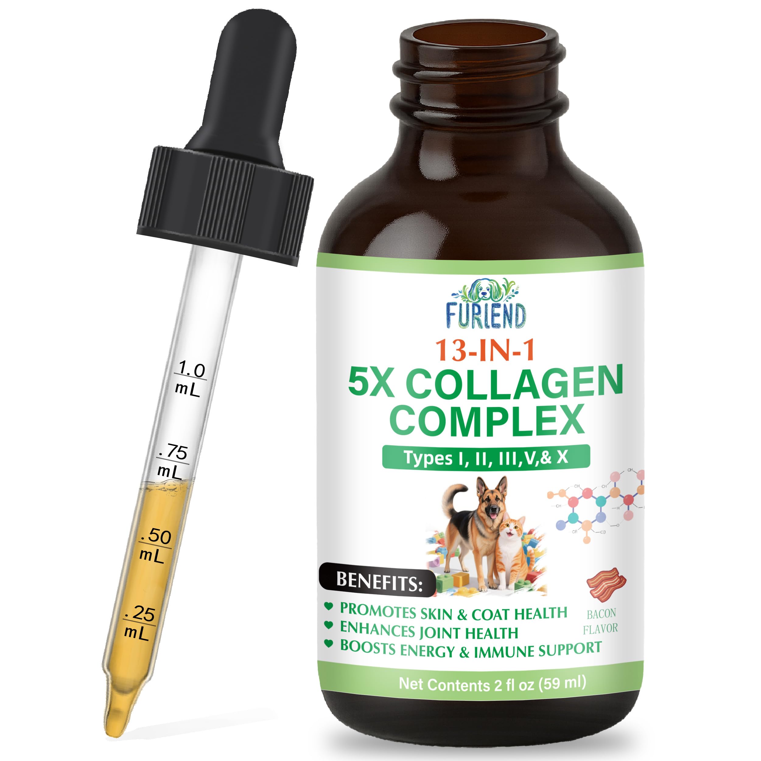 FURIEND Collagène liquide Bacon, bouteille de 2 ml pour soutenir la mobilité des chiens et chats.
