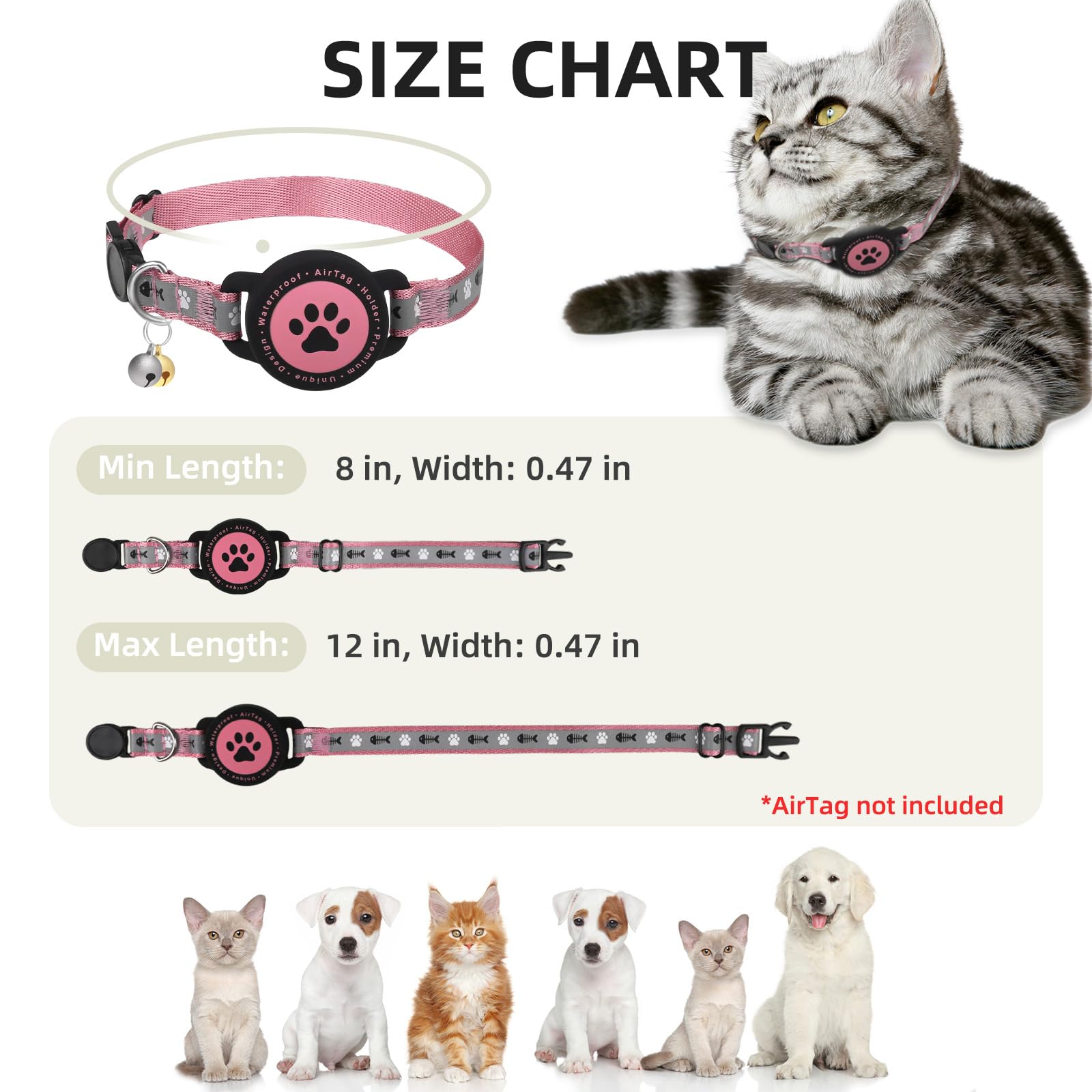 Collier Furrigo AirTag réfléchissant nocturne rose, visibilité améliorée
