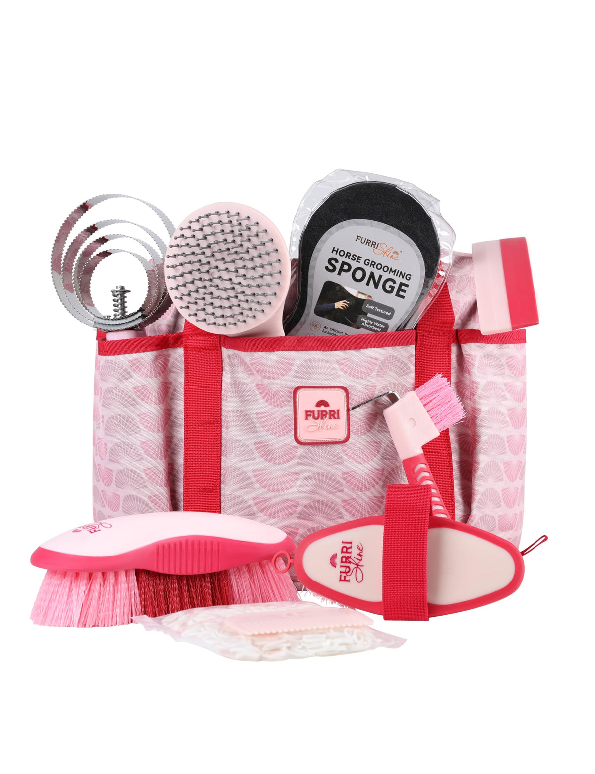 Kit de toilettage Furrishine 9 pièces pour routine cheval, facilitant le soin quotidien.