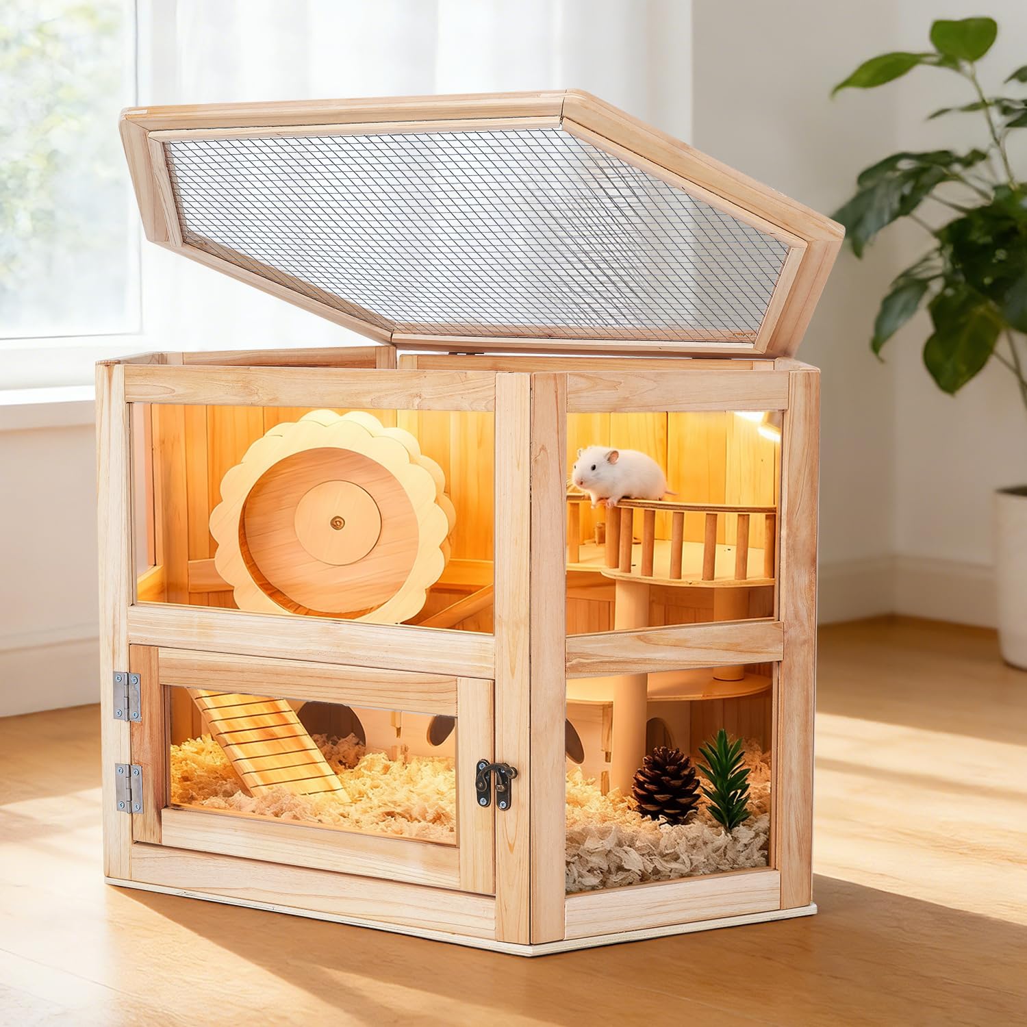 Côté en acrylique clair pour observer le hamster sans stress.