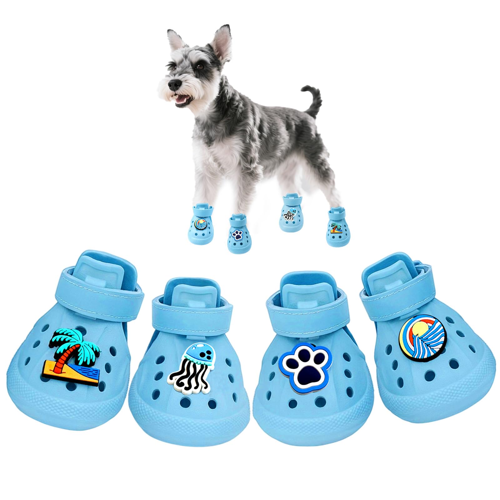 Chaussures-chien-non-slip-etanche-bleu par Furrtripsy protègent les pattes sur le pavement chaud.