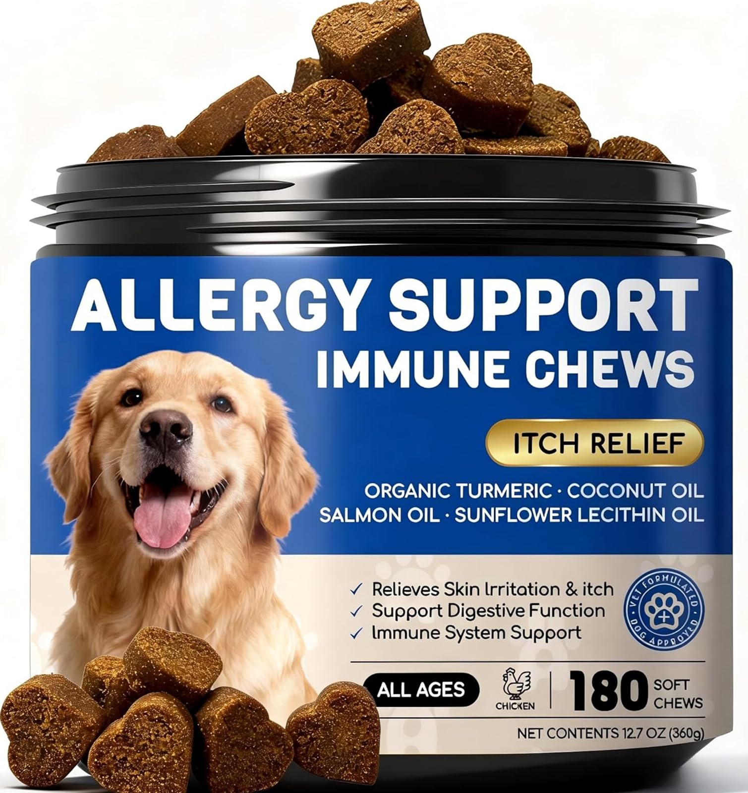Furry Armor, pot de bouchées anti-demangeaisons pour chien, peau saine.