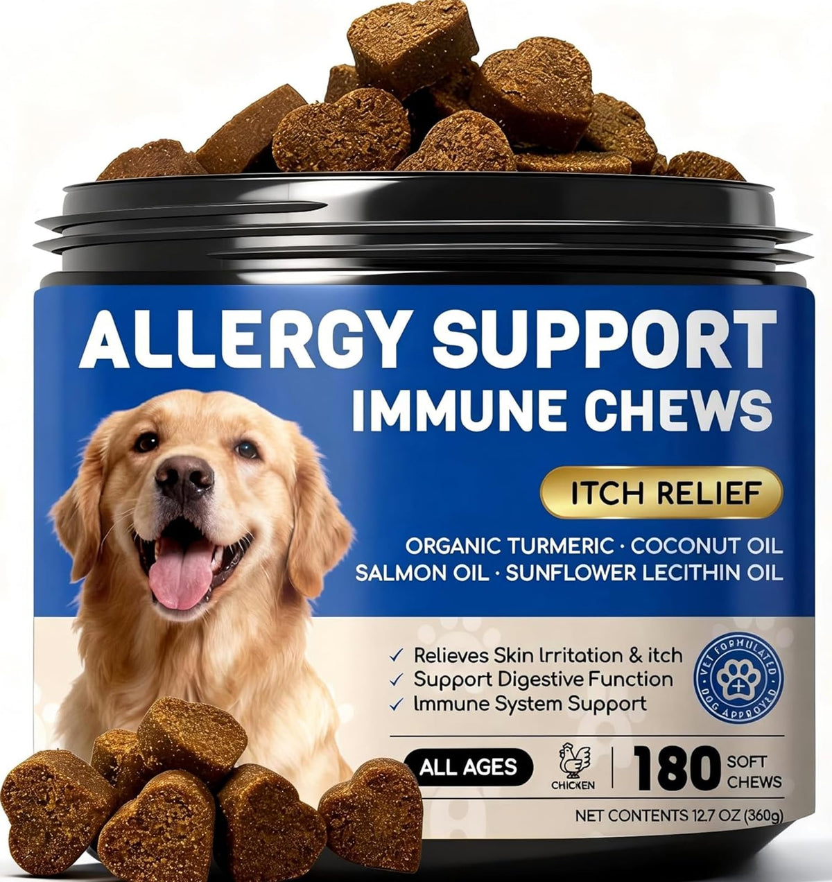 Furry Armor, pot de bouchées anti-demangeaisons pour chien, peau saine.
