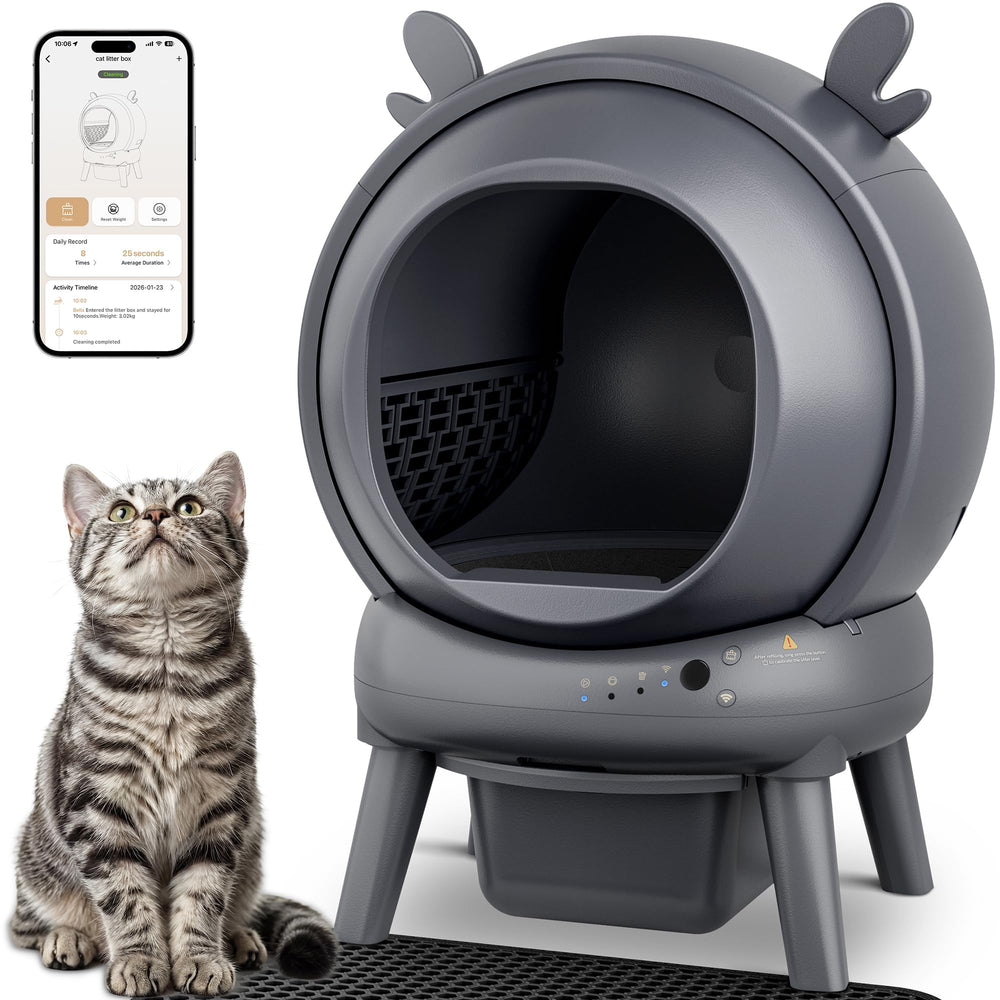 Litière auto-nettoyante FurryKiddy avec globe 65L et entrée large.