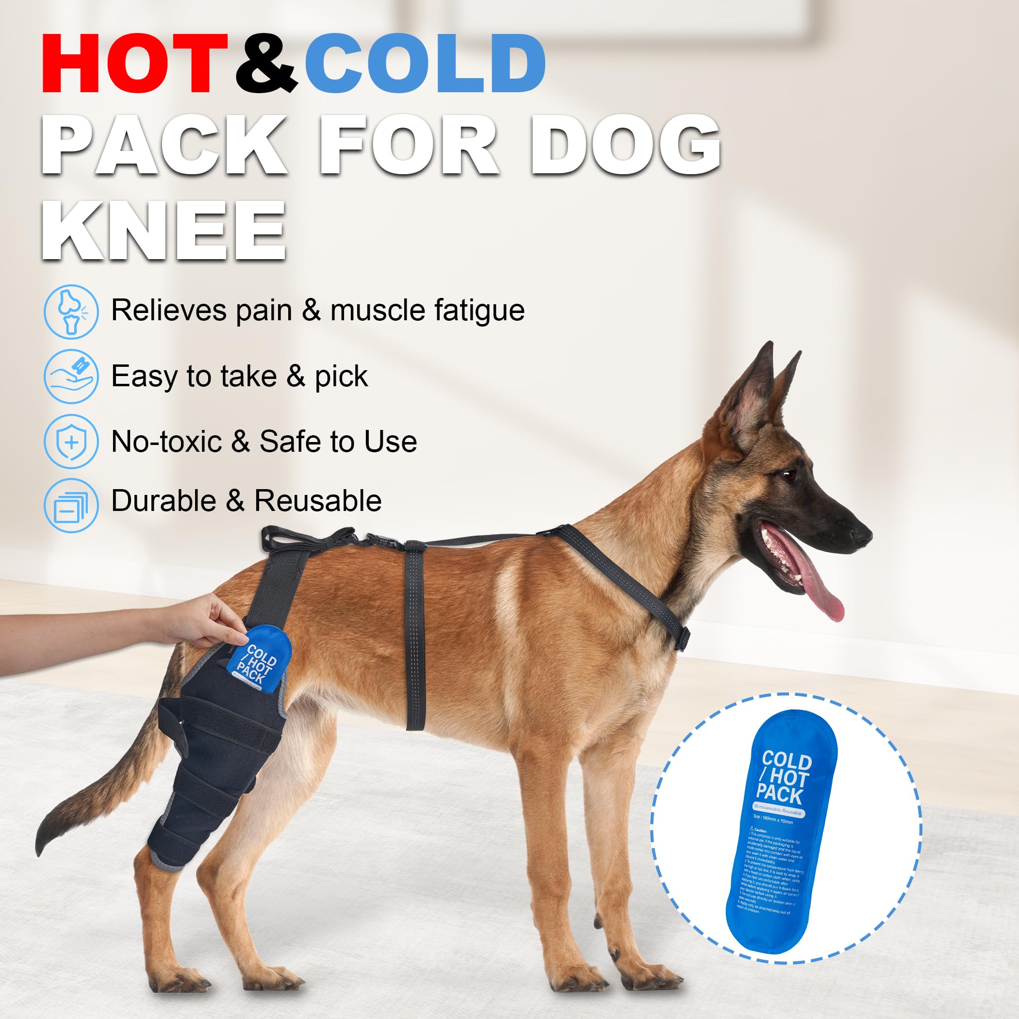 Poche gel chaleur Furtent appliquée au genou arrière du chien.