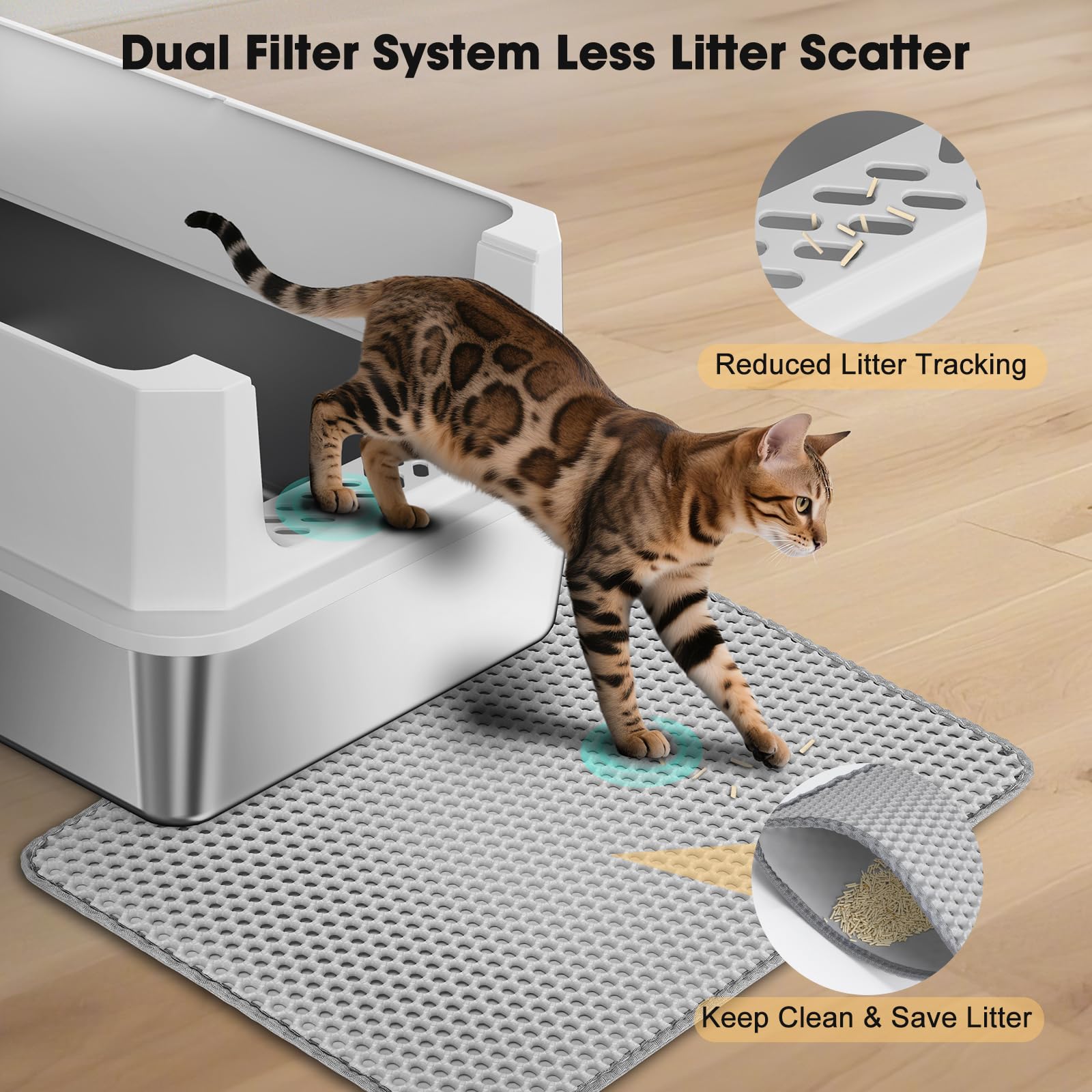 FURTIME bac-litiere acier inoxydable hauts-bords pour eviter les eclaboussures.