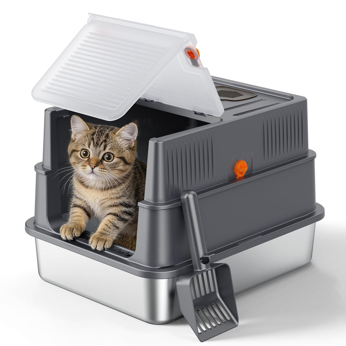 Boîte à litière FURTIME en acier inoxydable avec couverture: pratique et facile à nettoyer.