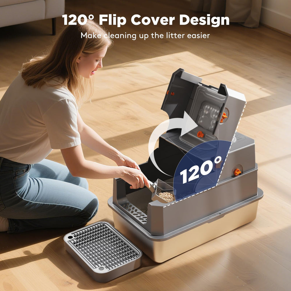 Boîte litière inox FURTIME avec couvercle pivotant, nettoyage pratique.